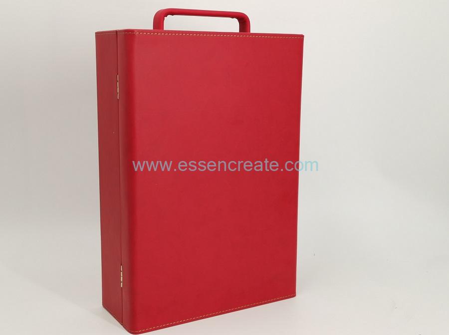 Two Wine Bottles Red Leather Case with PE-Foam